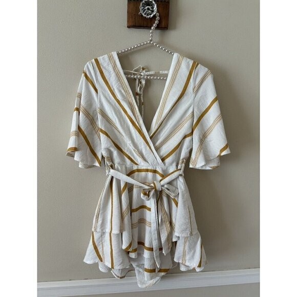 Saints + Secrets Pants - Saints Secrets Womens Size M White Yellow Stripe Romper Belted Layered